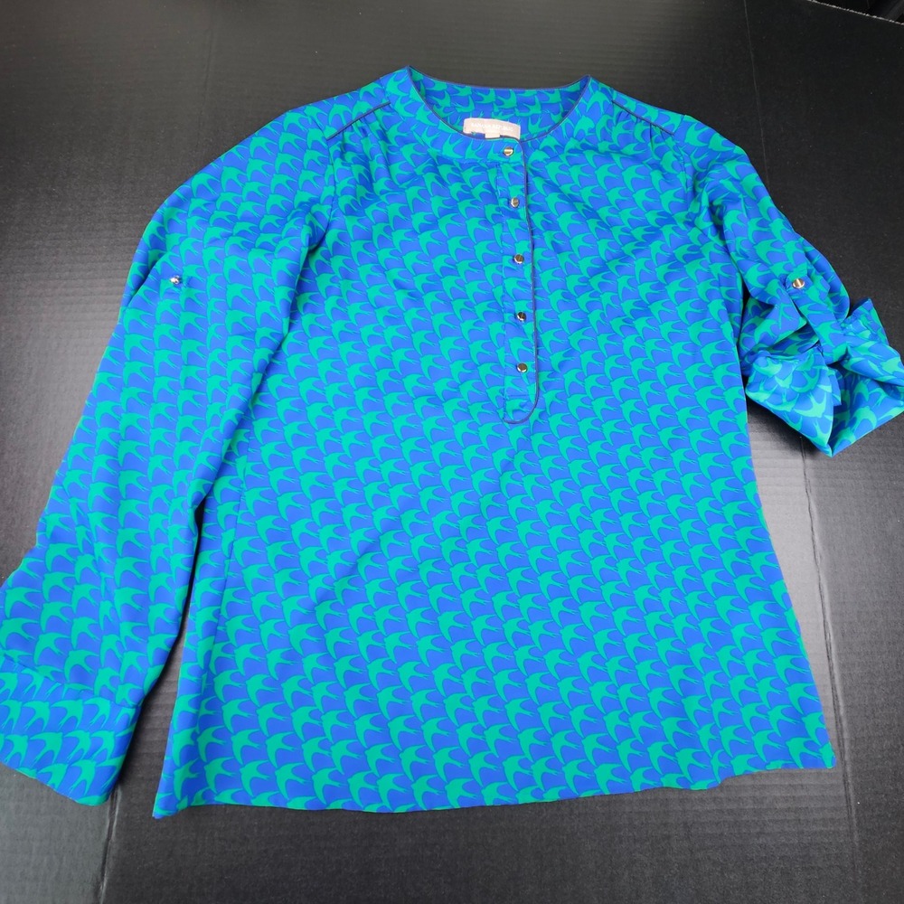 Banana Republic Womens Blue Green Bird Swallow Print Roll Tab Blouse Small